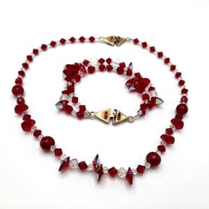 Vintage Red Clear Crystal Necklace Bracelet Set, Artisan Gemstone Clasps